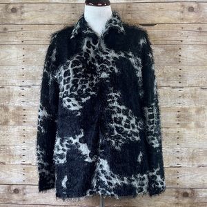 Womens Leopard Animal Print Eyelash Fuzzy Knit Button Down Shirt Black Grey Sz M